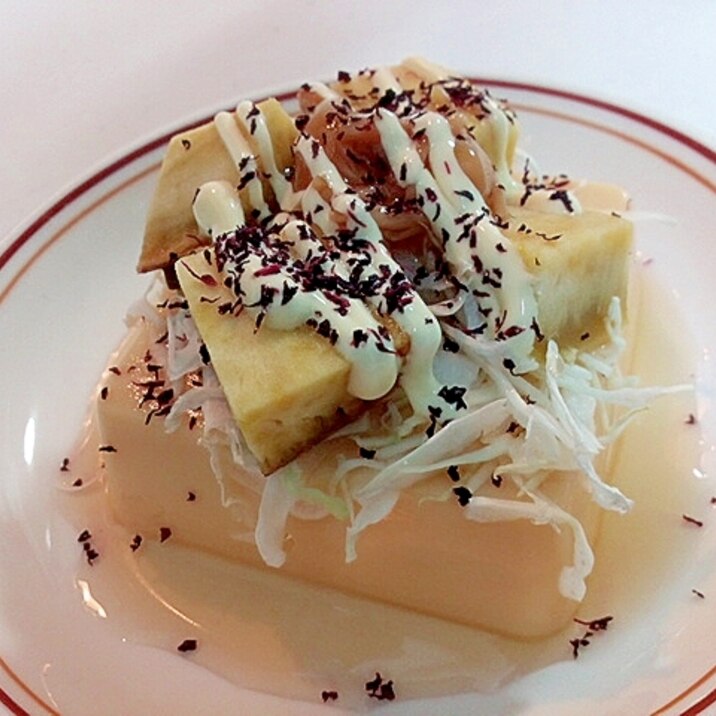 千切りキャベツとと焼き芋となめたけの卵豆腐